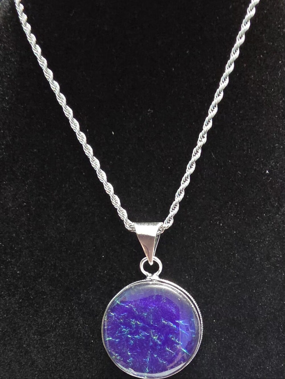 Silver Pendant Necklace with Blue-Purple Opal Disc